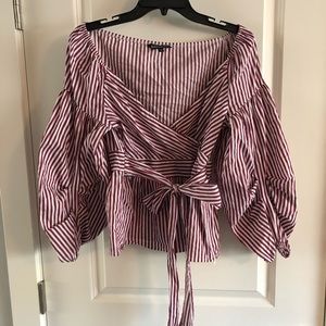 Express Burgundy Striped Balloon Sleeve Top